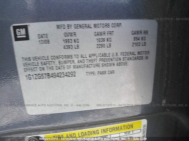 1G1ZG57B494234292 - 2009 CHEVROLET MALIBU LS ნაცრისფერი ფოტო 9