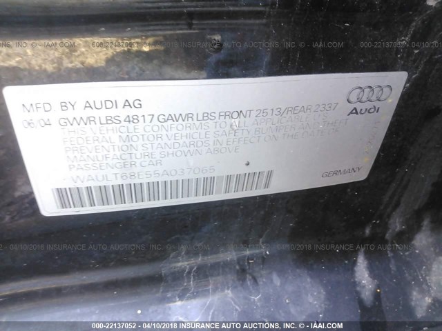 WAULT68E55A037065 - 2005 AUDI A4 3.0 QUATTRO/SPECIAL BLACK photo 9