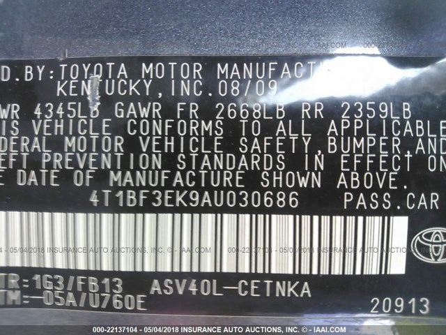 4T1BF3EK9AU030686 - 2010 TOYOTA CAMRY SE/LE/XLE GRAY photo 9