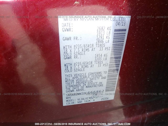 5N1AR2MN1DC666862 - 2013 NISSAN PATHFINDER S/SV/SL/PLATINUM 红色 照片 9