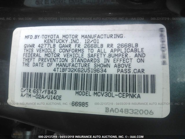 4T1BF32K62U519634 - 2002 TOYOTA CAMRY LE/XLE/SE Жасыл фото 9