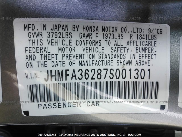 JHMFA36287S001301 - 2007 HONDA CIVIC HYBRID BROWN photo 9