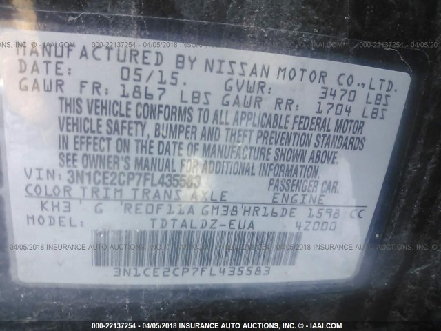 3N1CE2CP7FL435583 - 2015 NISSAN VERSA NOTE S/S PLUS/SV/SL/SR BLACK photo 9