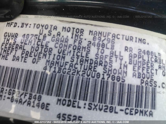 4T1BG22K2VU017005 - 1997 TOYOTA CAMRY CE/LE/XLE 绿色 照片 9