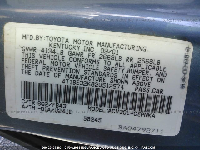 4T1BE32K82U512574 - 2002 TOYOTA CAMRY LE/XLE/SE ღია ლურჯი ფოტო 9
