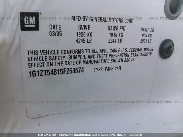 1G1ZT54815F263574 - 2005 CHEVROLET MALIBU LS 白色 照片 9