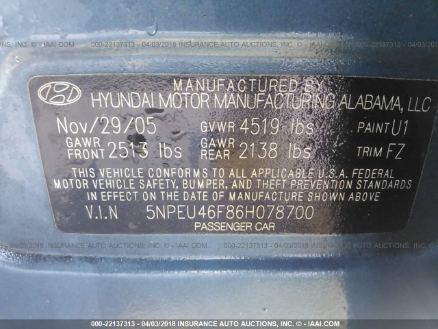 5NPEU46F86H078700 - 2006 HYUNDAI SONATA GLS/LX BLUE photo 9