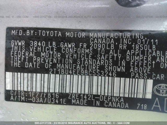 2T1BU4EE9BC553246 - 2011 TOYOTA COROLLA S/LE SILVER photo 9