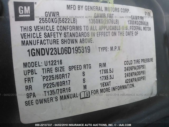 1GNDV23L06D195319 - 2006 CHEVROLET UPLANDER LS GREEN photo 9