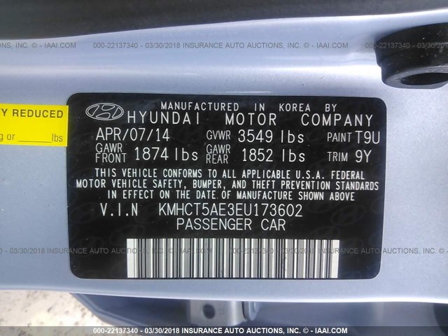 KMHCT5AE3EU173602 - 2014 HYUNDAI ACCENT GLS/GS Light Blue photo 9