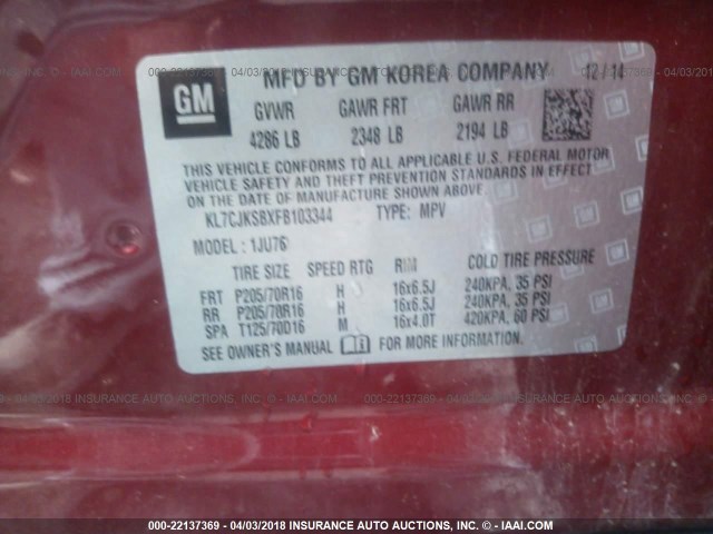 KL7CJKSBXFB103344 - 2015 CHEVROLET TRAX LS RED photo 9