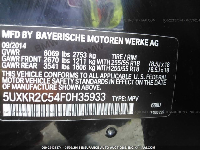 5UXKR2C54F0H35933 - 2015 BMW X5 SDRIVE35I BLACK photo 9