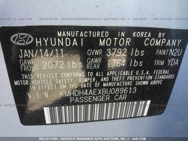 KMHDH4AEXBU089613 - 2011 HYUNDAI ELANTRA GLS/LIMITED BLUE photo 9