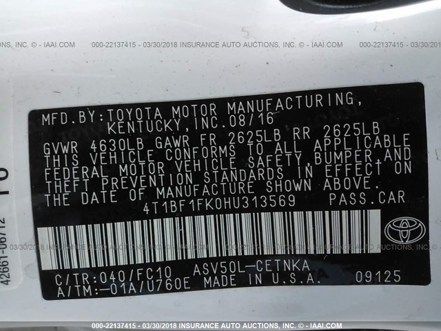 4T1BF1FK0HU313569 - 2017 TOYOTA CAMRY LE/XLE/SE/XSE WHITE photo 9