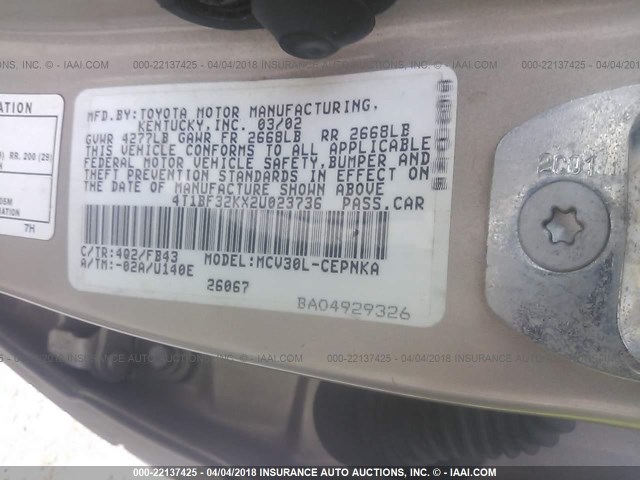 4T1BF32KX2U023736 - 2002 TOYOTA CAMRY LE/XLE/SE თაფლისფერი ფოტო 9