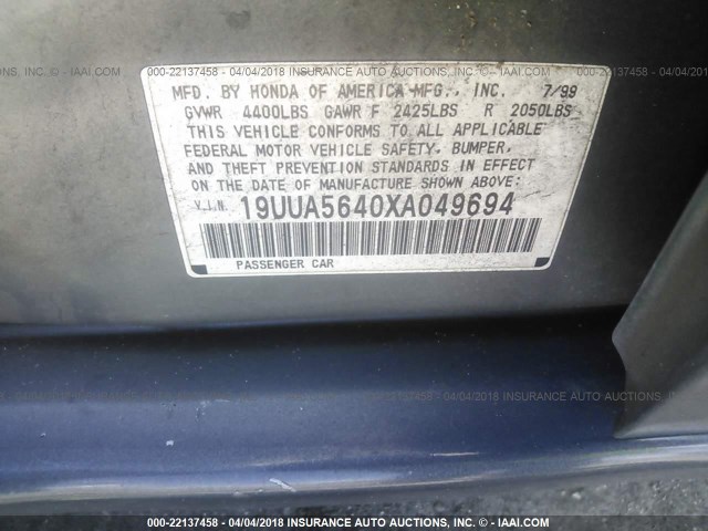 19UUA5640XA049694 - 1999 ACURA 3.2TL GRAY photo 9