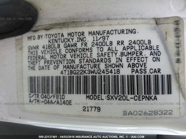 4T1BG22K3WU245418 - 1998 TOYOTA CAMRY CE/LE/XLE WHITE photo 9