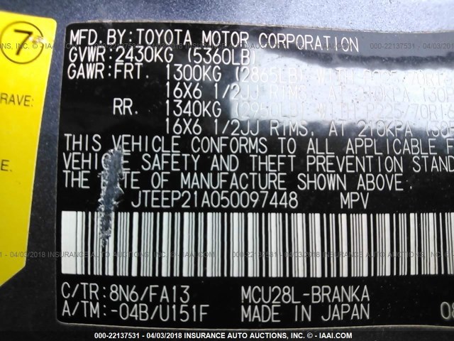 JTEEP21A050097448 - 2005 TOYOTA HIGHLANDER LIMITED BLUE photo 9