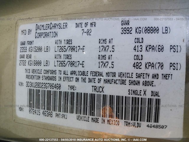 3D3KU28D23G706460 - 2003 DODGE RAM 2500 ST/SLT 金色 照片 9