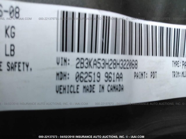 2B3KA53H28H322068 - 2008 DODGE CHARGER R/T GRAY photo 9