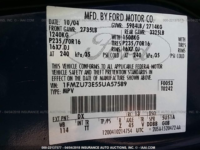 1FMZU73E55UA57589 - 2005 FORD EXPLORER XLT/XLT SPORT/NBX 蓝色 照片 9