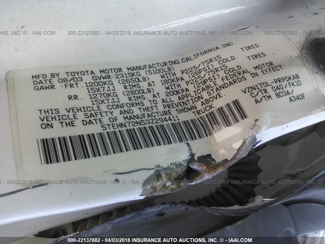 5TEHN72N53Z294411 - 2003 TOYOTA TACOMA DOUBLE CAB 白色 照片 9