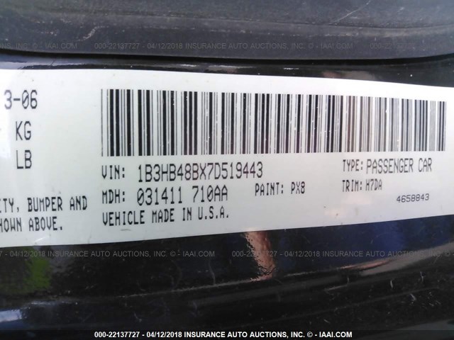 1B3HB48BX7D519443 - 2007 DODGE CALIBER SXT BLACK photo 9