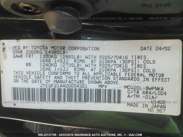 JTEGF21A420054321 - 2002 TOYOTA HIGHLANDER LIMITED GREEN photo 9