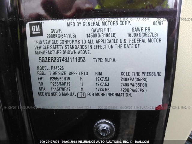 5GZER33748J111953 - 2008 SATURN OUTLOOK XR/TOURING 紫色 照片 9