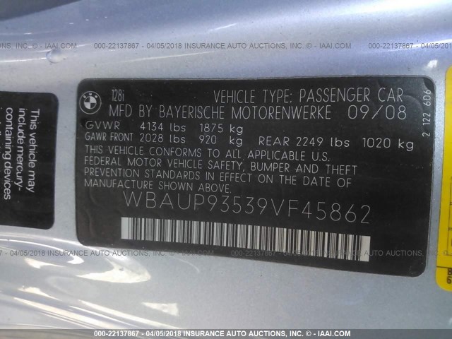 WBAUP93539VF45862 - 2009 BMW 128 I SILVER photo 9