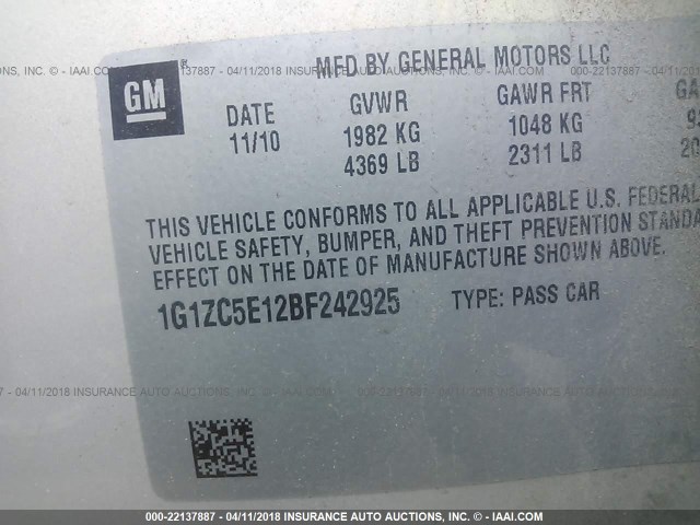 1G1ZC5E12BF242925 - 2011 CHEVROLET MALIBU 1LT 棕色 照片 9