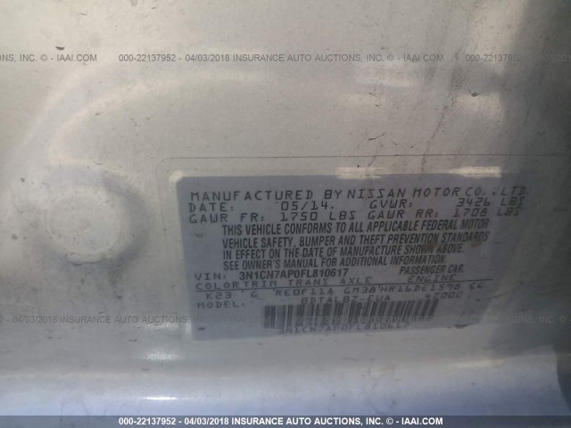 3N1CN7AP0FL810617 - 2015 NISSAN VERSA S/S PLUS/SV/SL SILVER photo 9