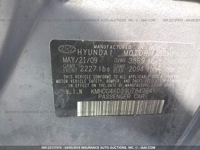 KMHDU46D39U784764 - 2009 HYUNDAI ELANTRA GLS/SE SILVER photo 9