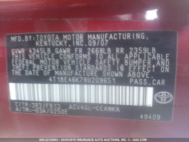 4T1BE46K78U209651 - 2008 TOYOTA CAMRY CE/LE/XLE/SE RED photo 9