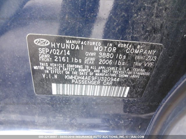 KMHDH4AE9FU320944 - 2015 HYUNDAI ELANTRA SE/SPORT/LIMITED BLUE photo 9