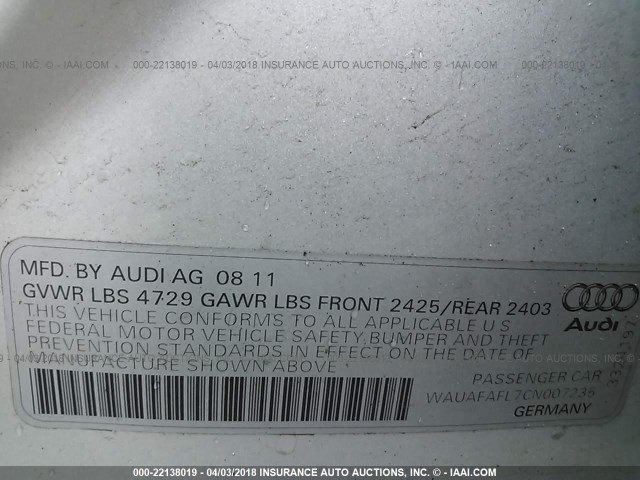 WAUAFAFL7CN007235 - 2012 AUDI A4 PREMIUM SILVER photo 9