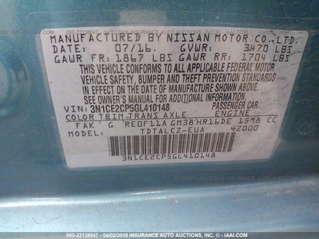 3N1CE2CP5GL410148 - 2016 NISSAN VERSA NOTE S/S PLUS/SV/SL/SR TEAL photo 9