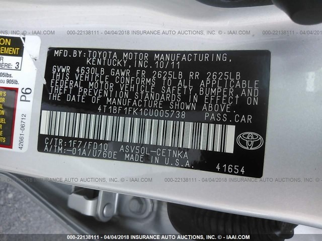 4T1BF1FK1CU005738 - 2012 TOYOTA CAMRY SE/LE/XLE SILVER photo 9