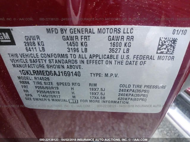 1GKLRMED6AJ169140 - 2010 GMC ACADIA SLT-1 RED photo 9