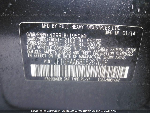 JF1GPAA68E8267016 - 2014 SUBARU IMPREZA GRAY photo 9