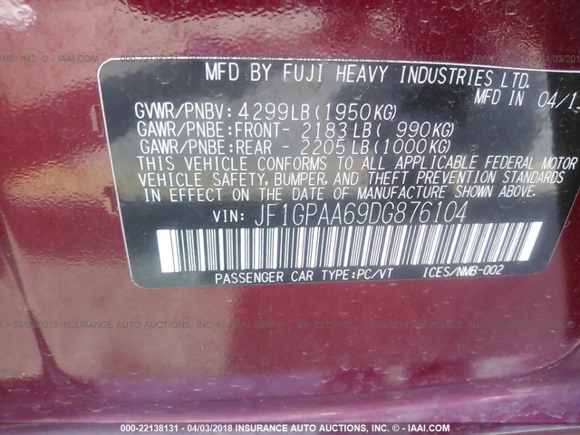 JF1GPAA69DG876104 - 2013 SUBARU IMPREZA MAROON photo 9