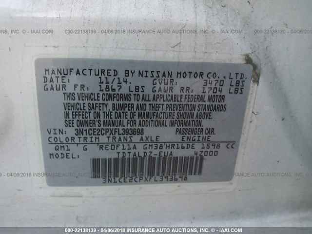 3N1CE2CPXFL393698 - 2015 NISSAN VERSA NOTE S/S PLUS/SV/SL/SR WHITE photo 9