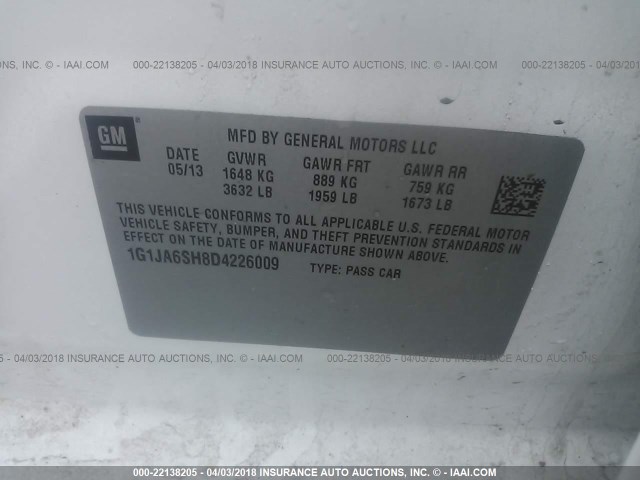 1G1JA6SH8D4226009 - 2013 CHEVROLET SONIC LS 白色 照片 9