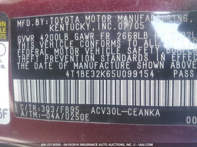 4T1BE32K65U099154 - 2005 TOYOTA CAMRY LE/XLE/SE MAROON photo 9