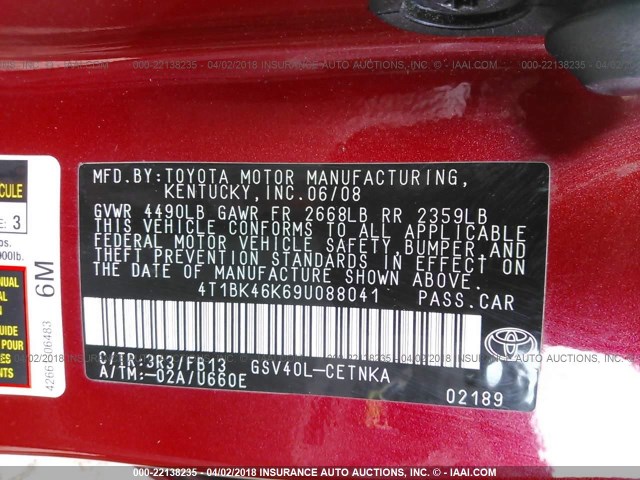 4T1BK46K69U088041 - 2009 TOYOTA CAMRY SE/LE/XLE წითელი ფოტო 9