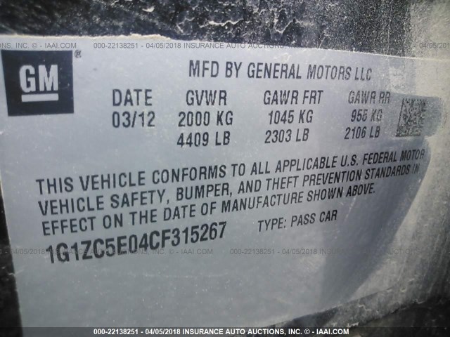 1G1ZC5E04CF315267 - 2012 CHEVROLET MALIBU 1LT BLACK photo 9