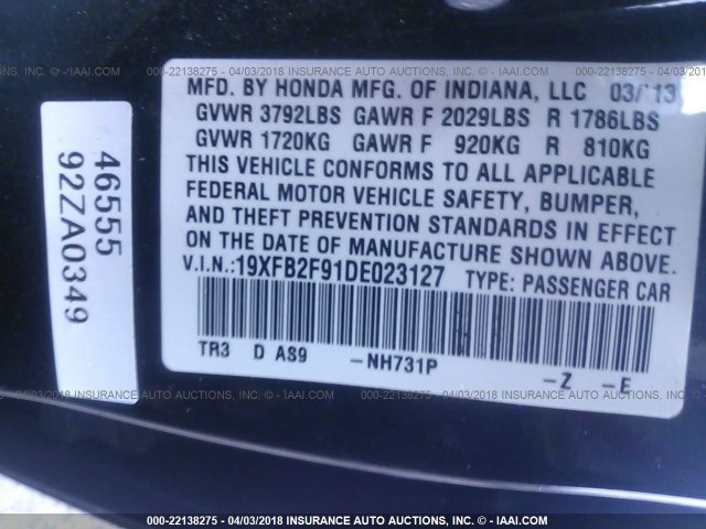 19XFB2F91DE023127 - 2013 HONDA CIVIC EXL BLACK photo 9