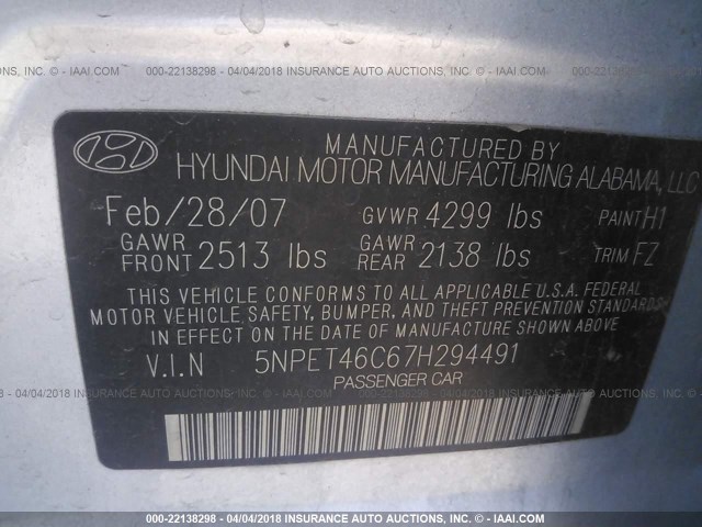 5NPET46C67H294491 - 2007 HYUNDAI SONATA GLS Light Blue photo 9