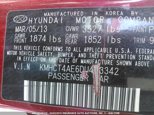 KMHCT4AE6DU463342 - 2013 HYUNDAI ACCENT GLS/GS RED photo 9