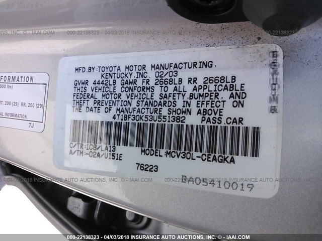 4T1BF30K53U551382 - 2003 TOYOTA CAMRY LE/XLE/SE SILVER photo 9